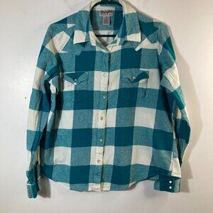 Girls Wrangler Wrancher Buffalo Check Flannel Snap Shirt Green White XL